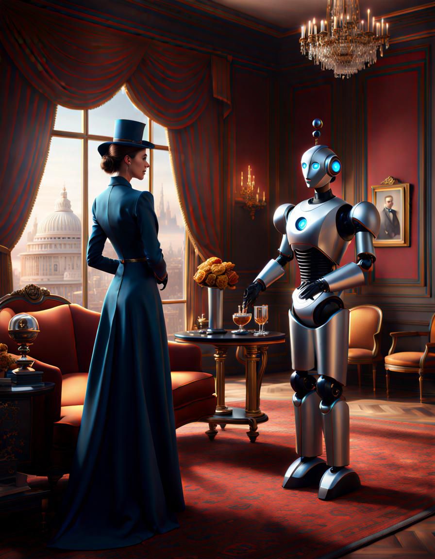 Robot Butler Serving Elegant Lady, Detailed Digital Art