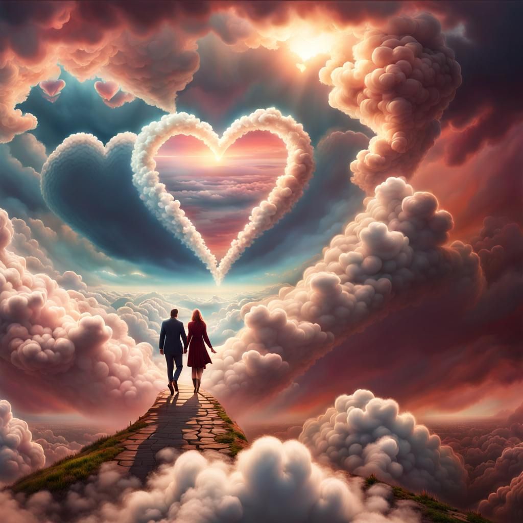 Couple Walking in Clouds with Hearts: Digital Painting