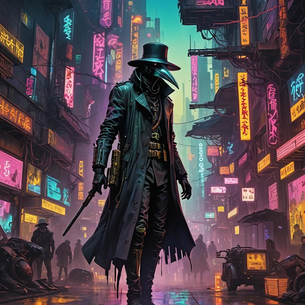 Plague Doctor Floating in Cyberpunk Klimt Dreamscape