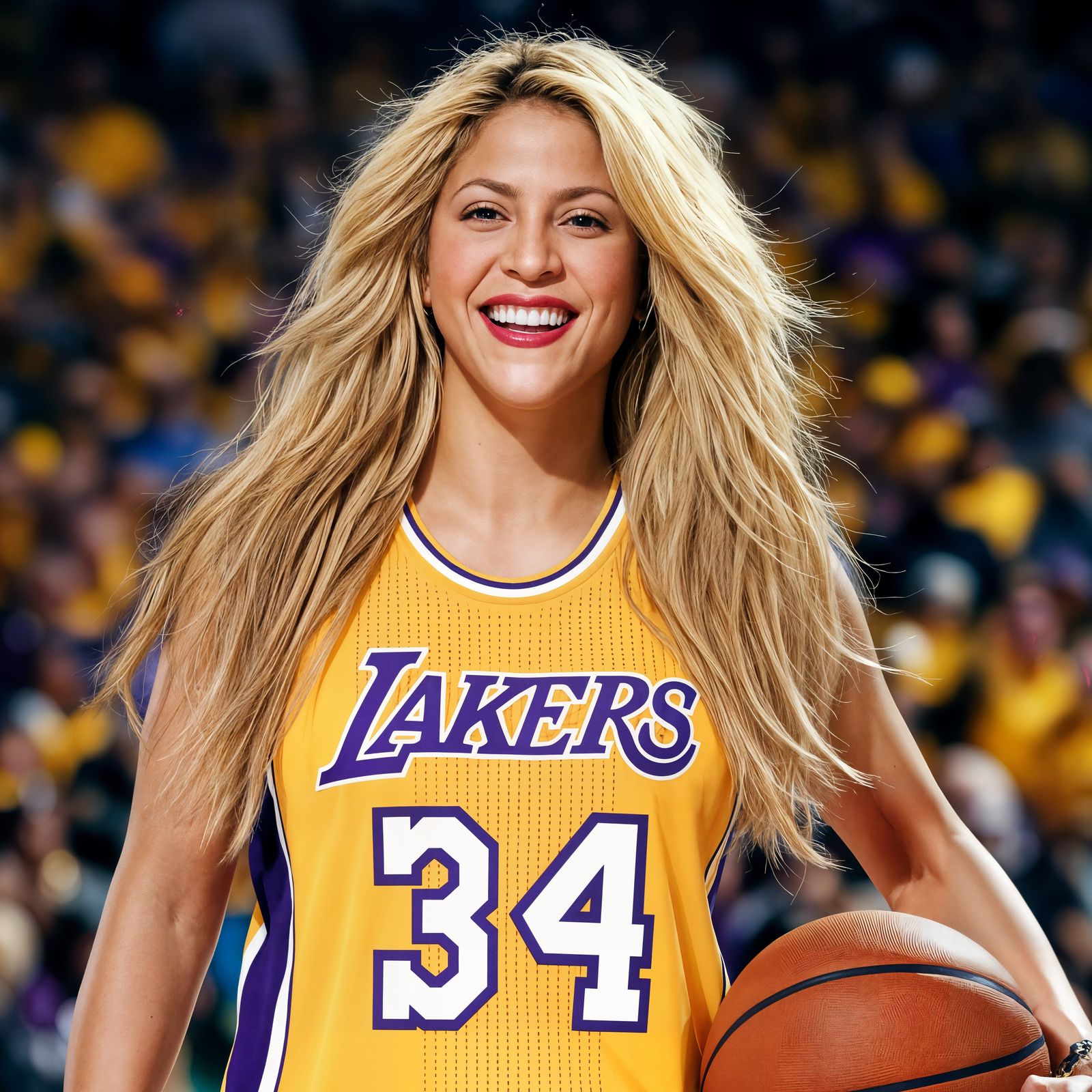 Shakira in Vibrant Lakers Jersey and Basketball Pose