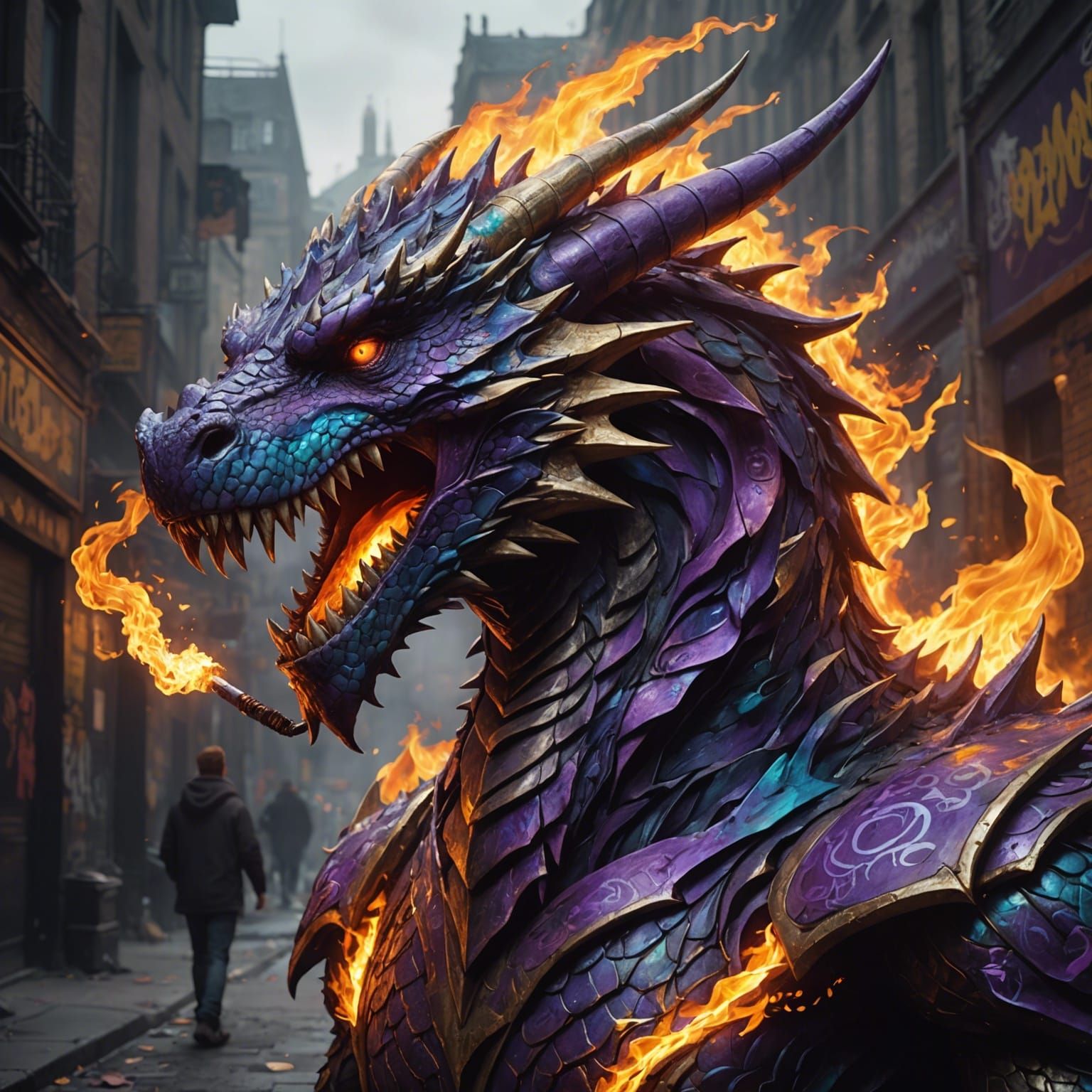 A man turning into a fire breathing dragon