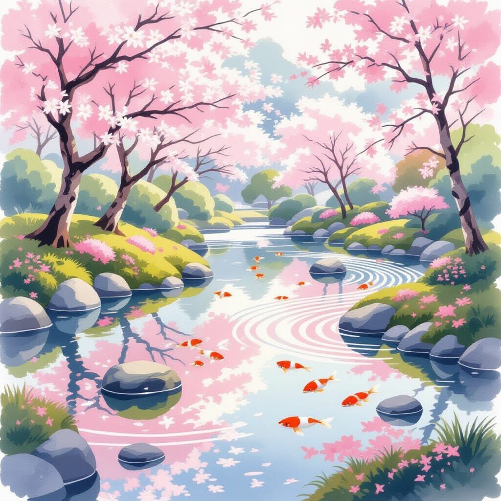 Tranquil Zen Garden with Cherry Blossoms in Watercolor
