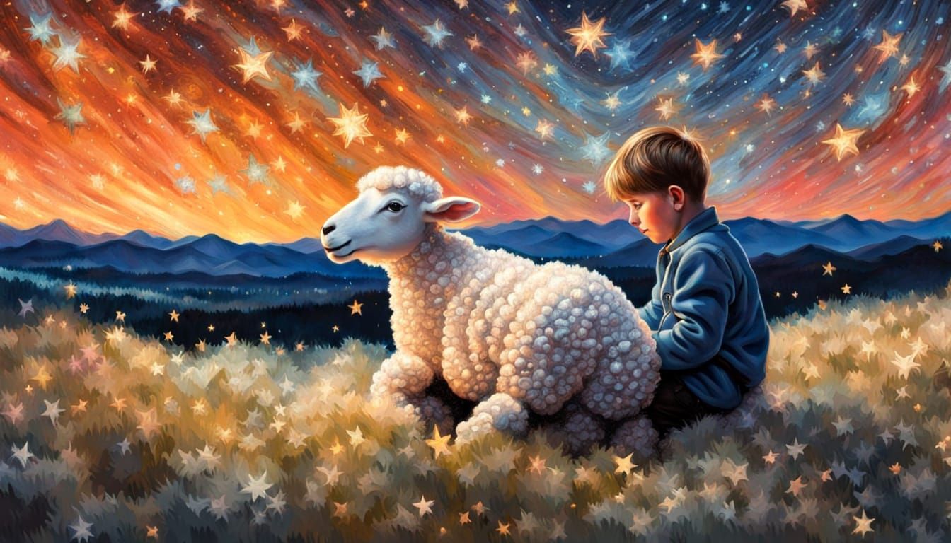 Boy on Sheep Watching Stars in Northern Lights Sky