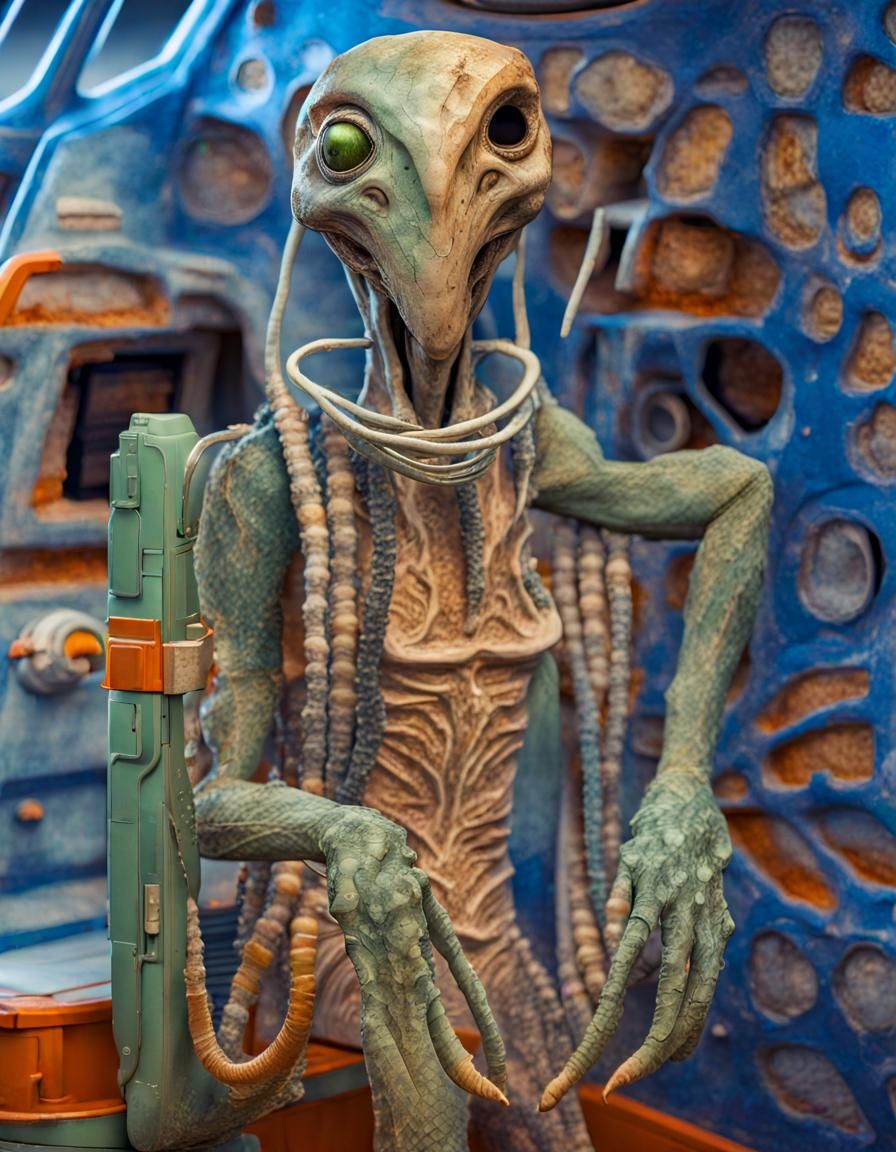 mummified alien creature with a dried-up trichocereus pachanoi in its arms in the cockpit of the spaceship, 3D, porcelai...