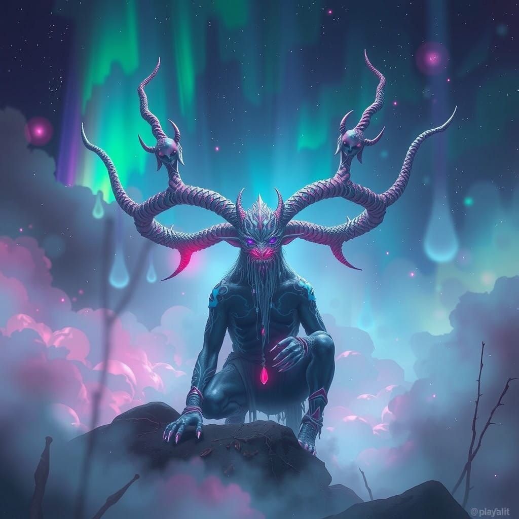 Surreal Mystic Frampus Dwells in Iridescent Mists