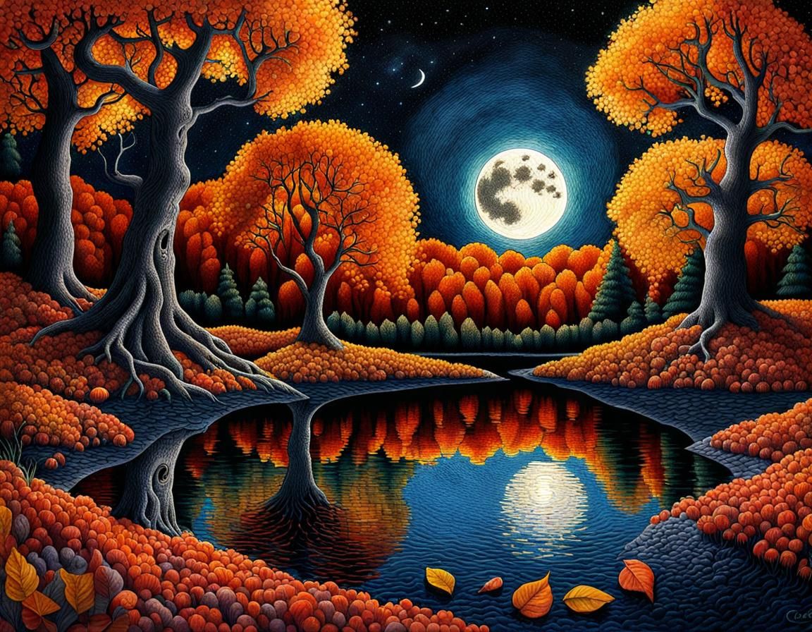 Autumn Moonlight Over Magical Lake: Collage Illustration