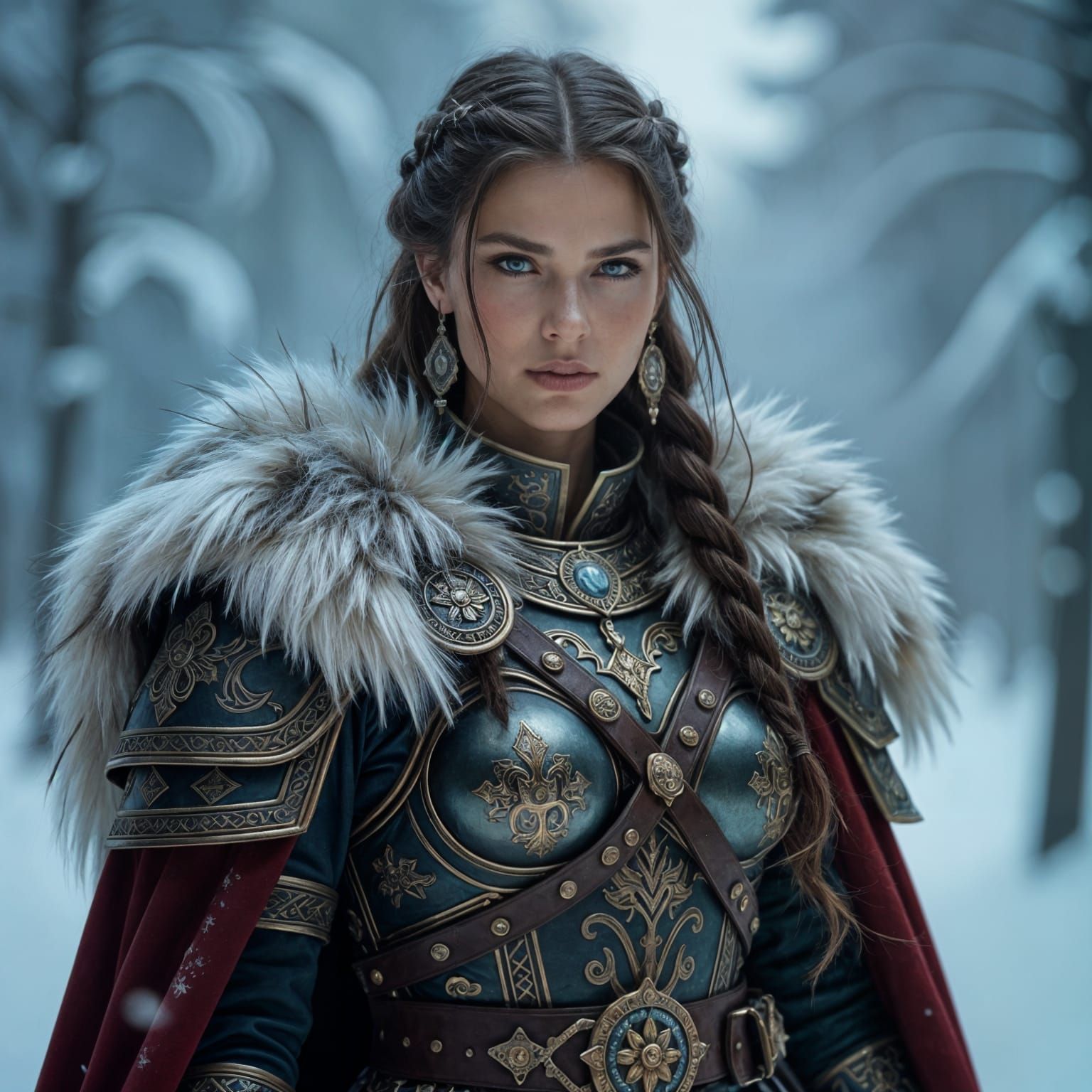 Winter Maiden Warrior in Slavic Armor, Hyperdetailed Art