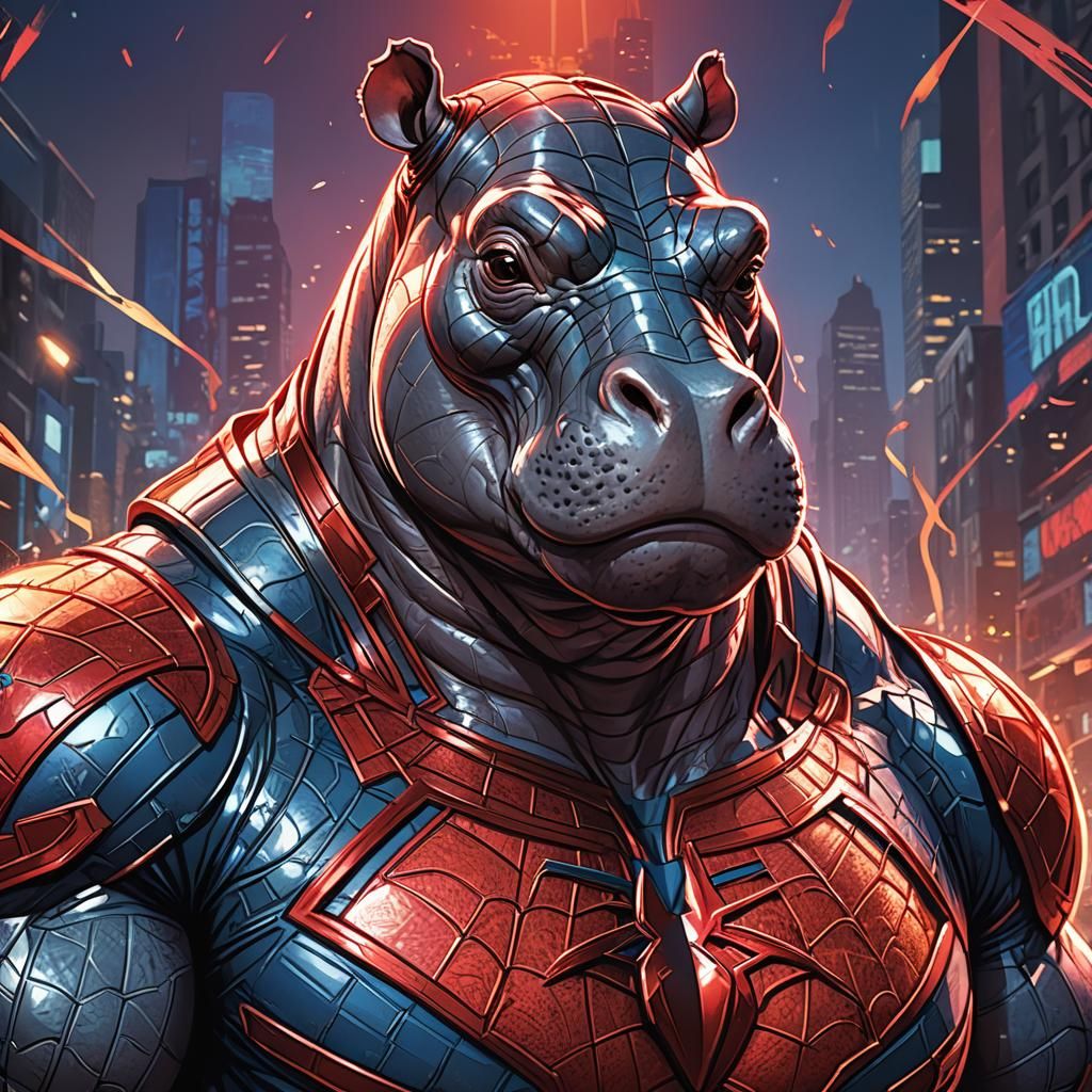 Superhero Hippopotamus Portrait in Comic Book Art