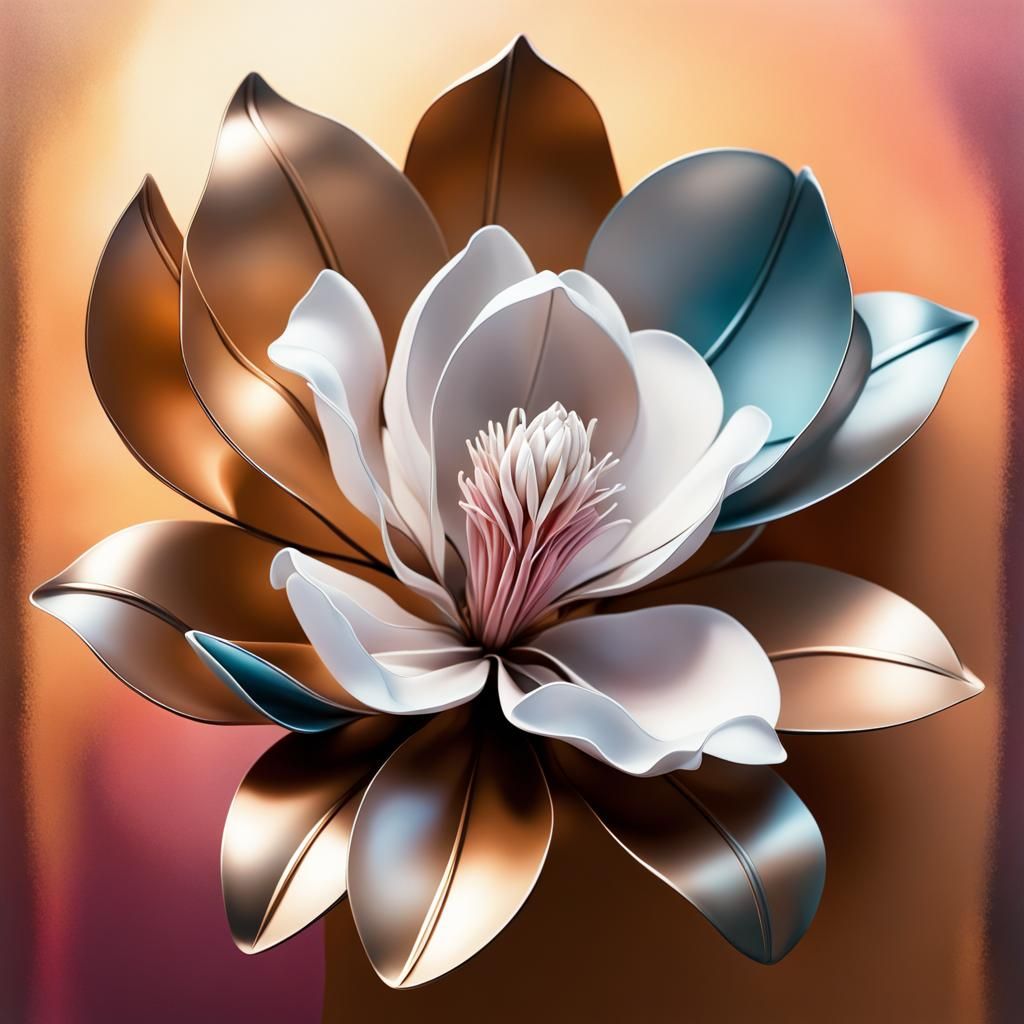 Hyperrealistic Metal Magnolia Flowers in Splash Art Style