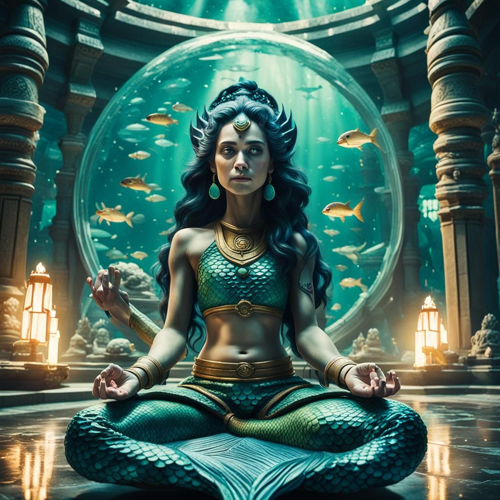 Mermaid Meditating in Jedi Temple: Cinematic Film Still