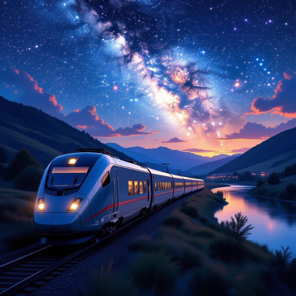 Futuristic Silver Train Under Meteor Shower