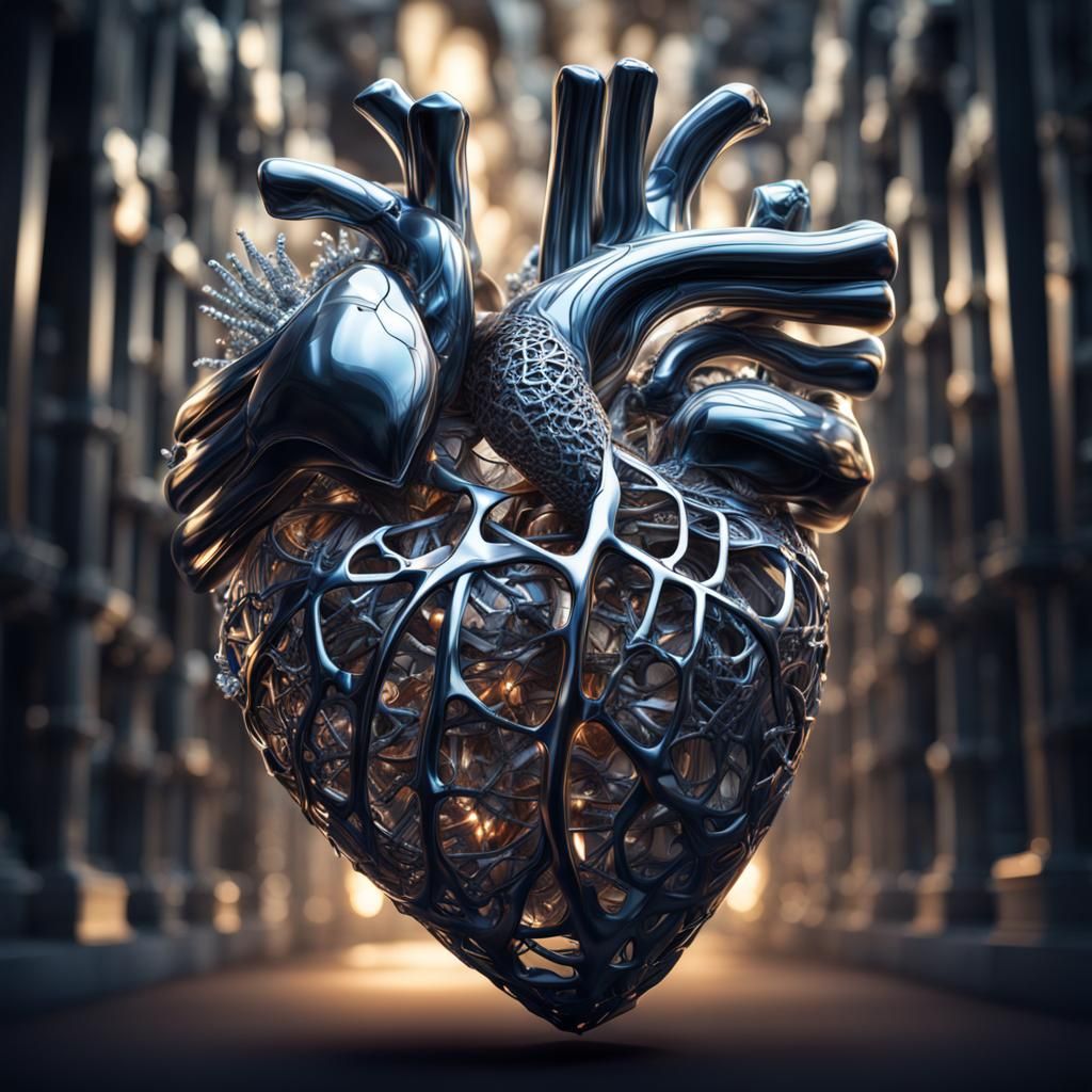 Crystal Heart in Ribcage: Hyperrealistic Still Life