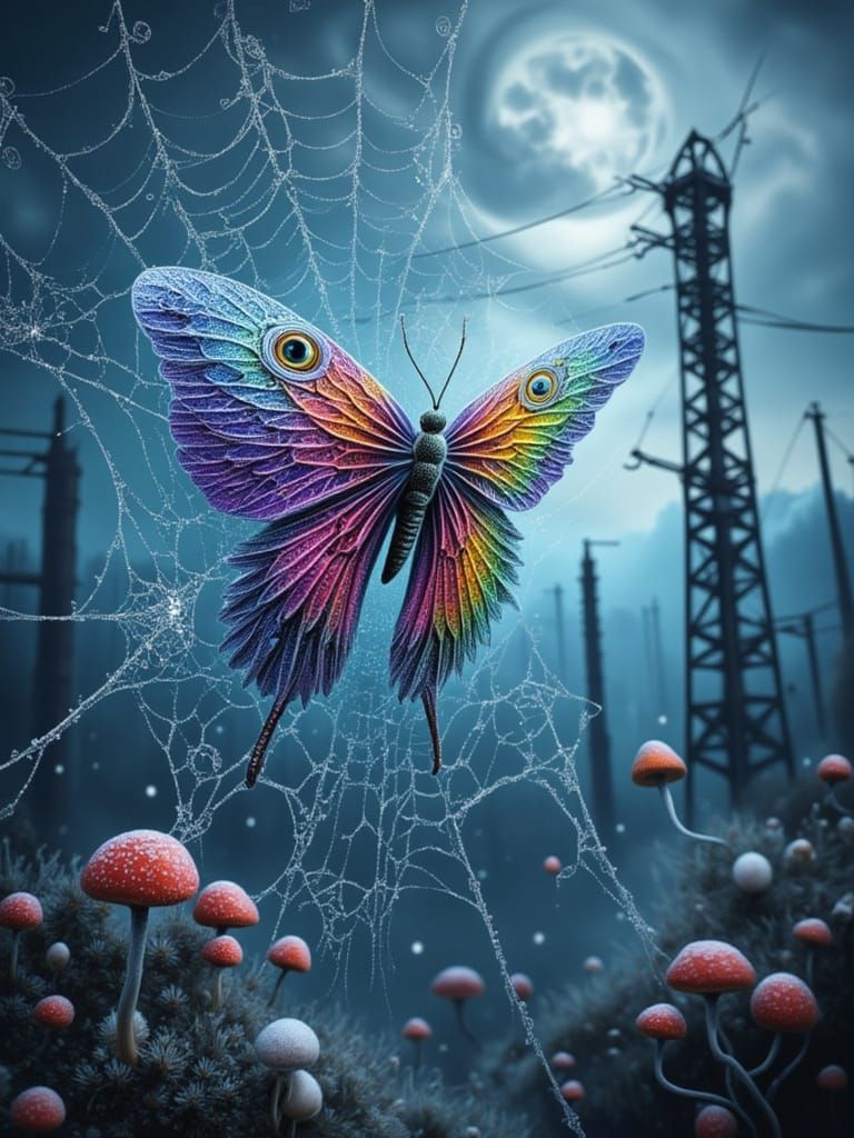Fractal Web Sky with Butterfly and Electric Trees
