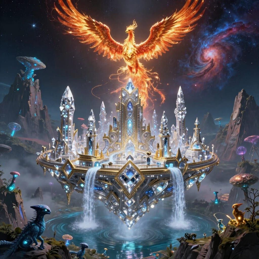 Alien City of Diamond, Silver, and Gold in Cosmic Light