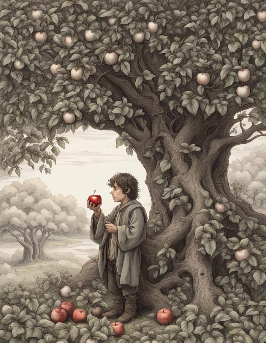 Hobbit Eating Apple in Middle Earth