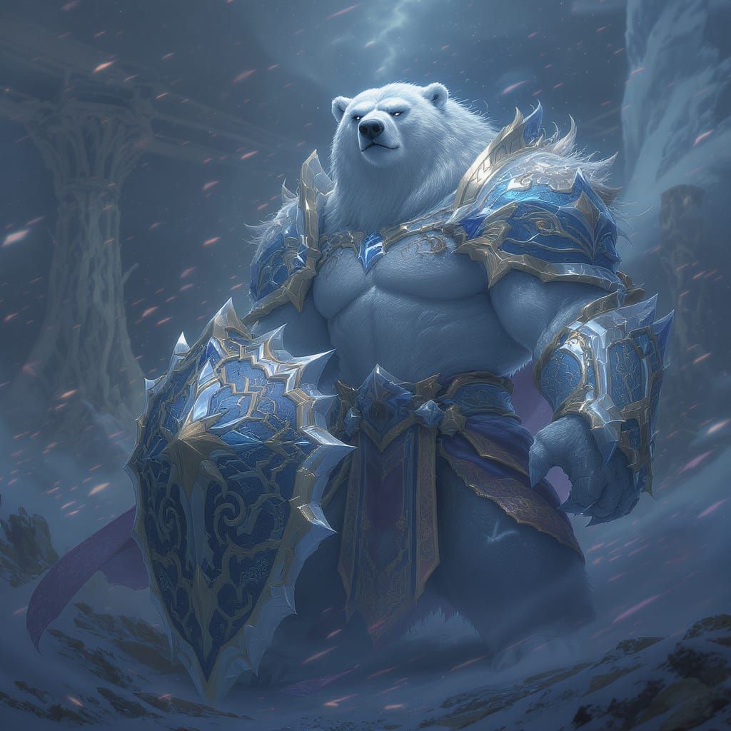 Majestic Polar Bear Warrior with Ornate Shield