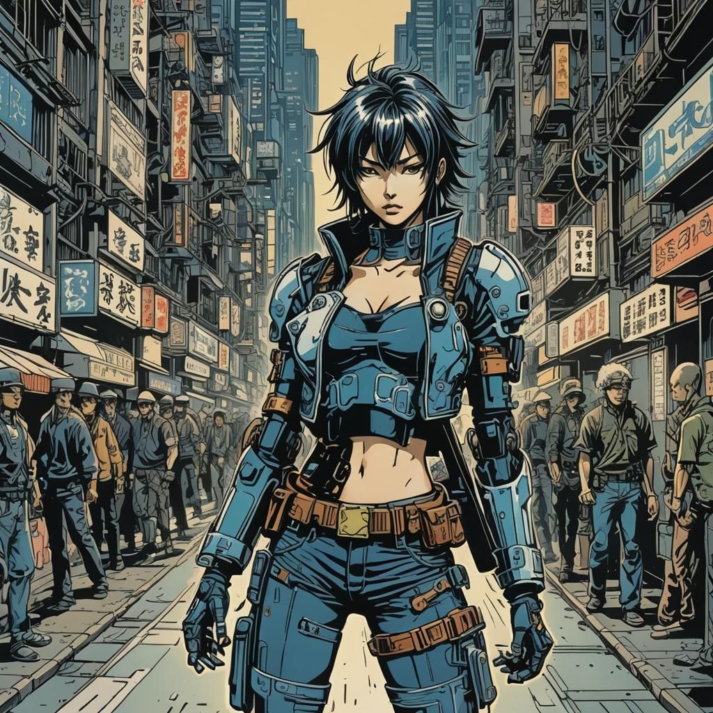 Dystopian Cyberpunk Cyborg in Cel-Shading Linocut Style