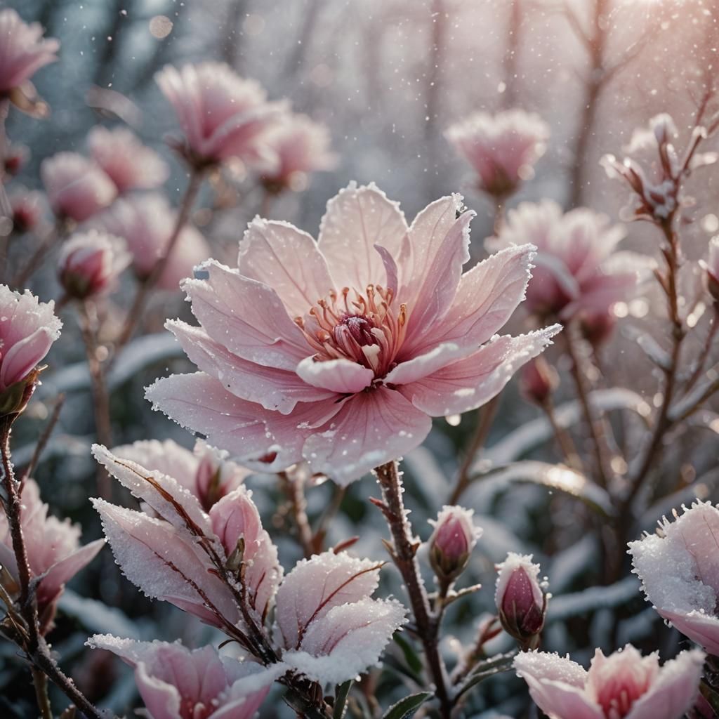 Frozen Pink Flower in Winter Snow