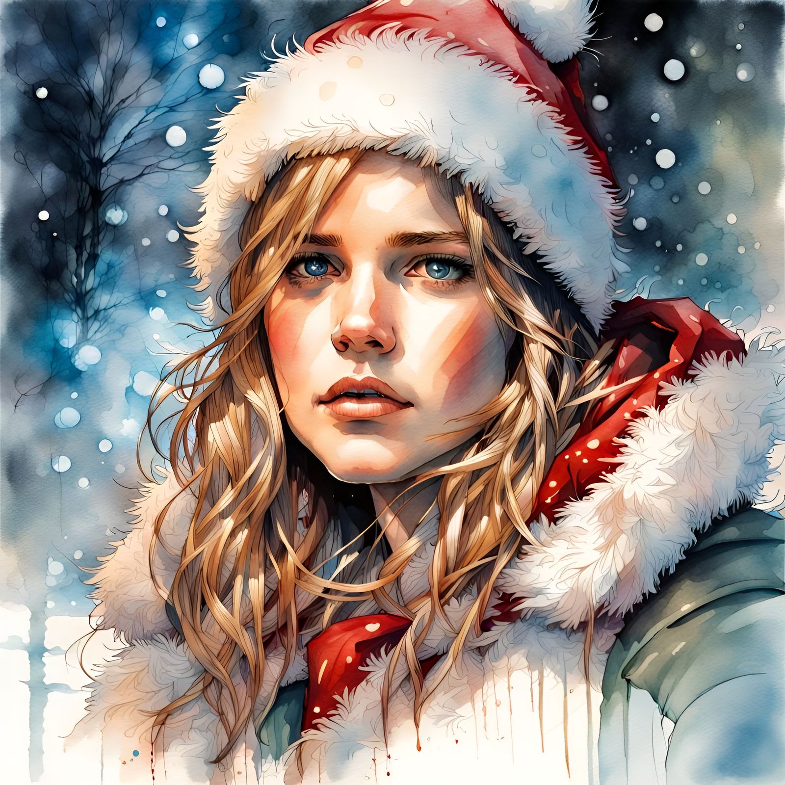 Festive Christmas Portrait in Watercolor Ink Style