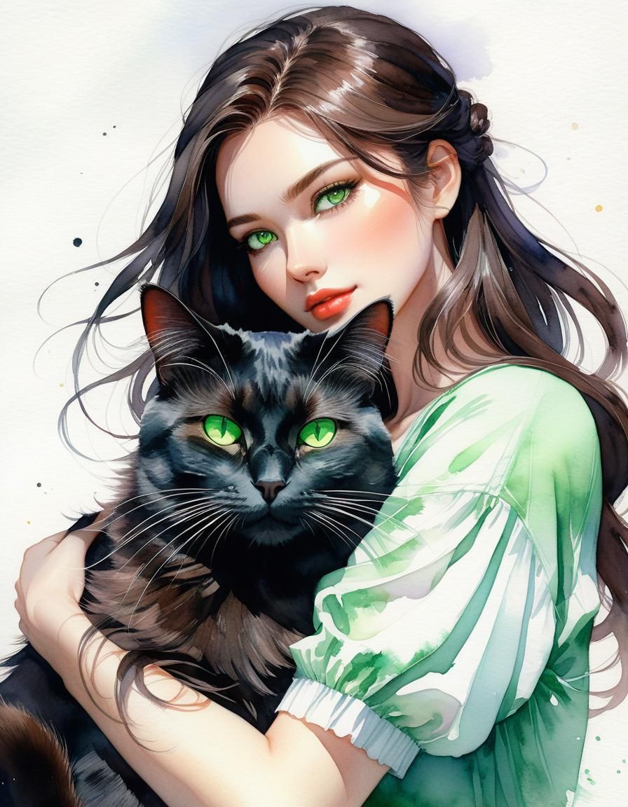 Woman and Cat: Watercolor Fantasy Art