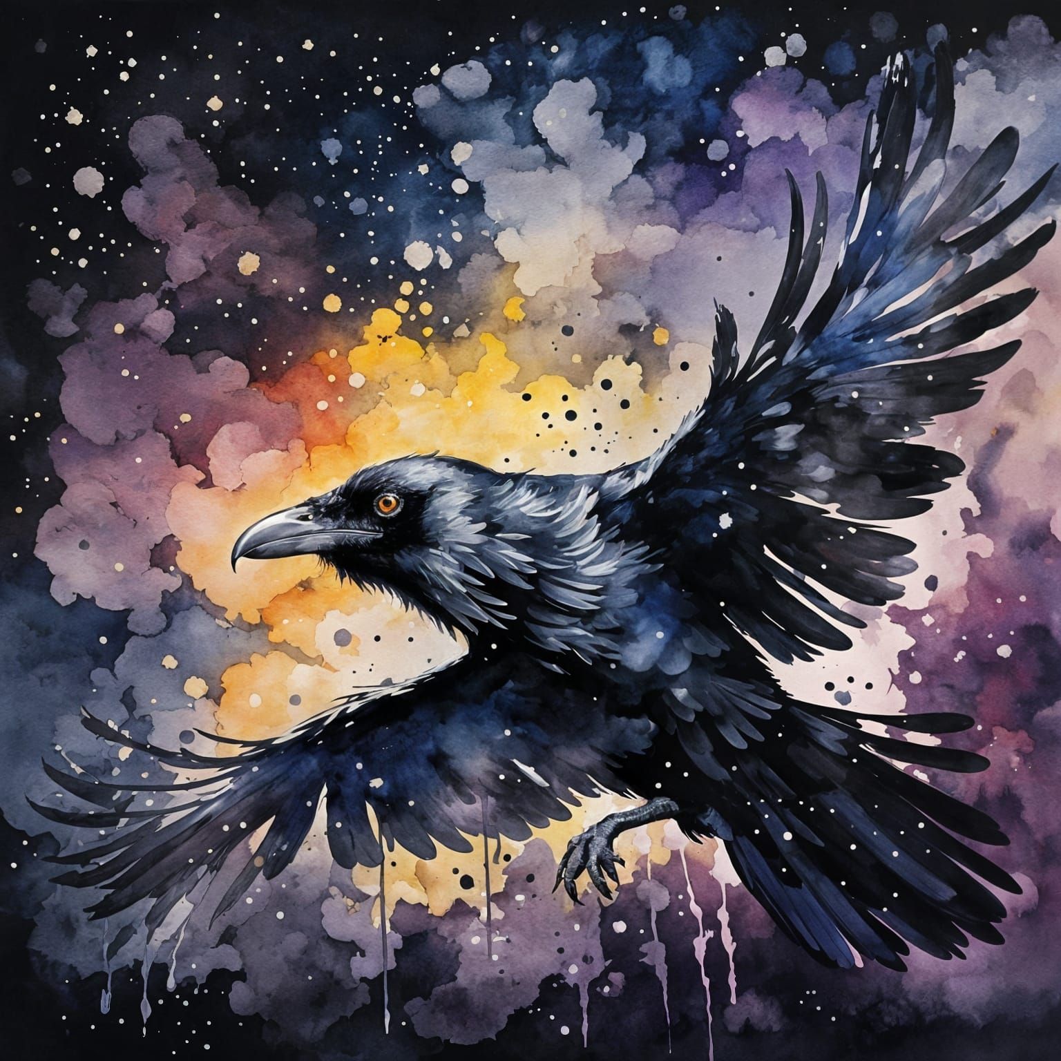 Raven in Flight: Ink Splatter Gouache Art