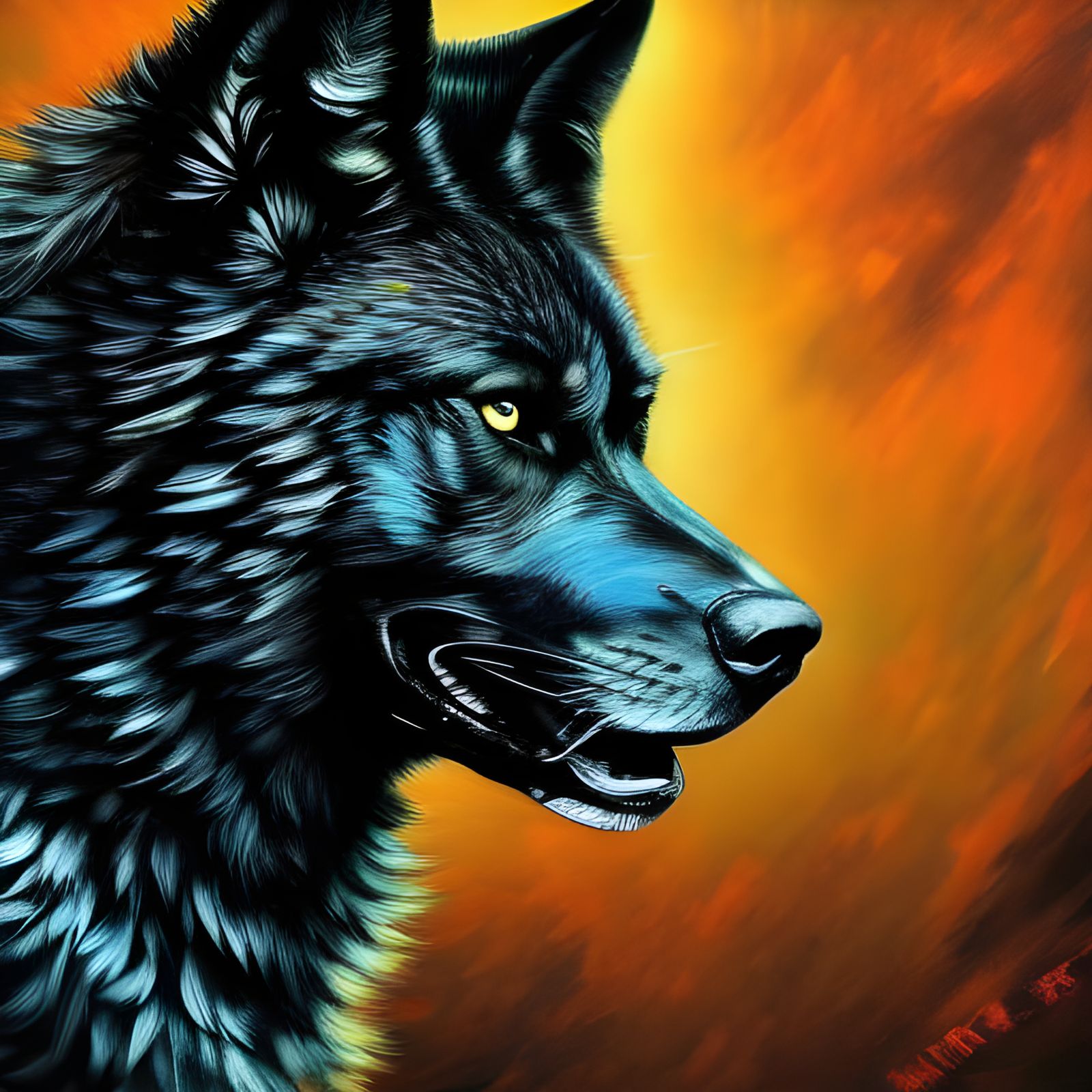 Cyberpunk Black Wolf in Detailed Impasto Style