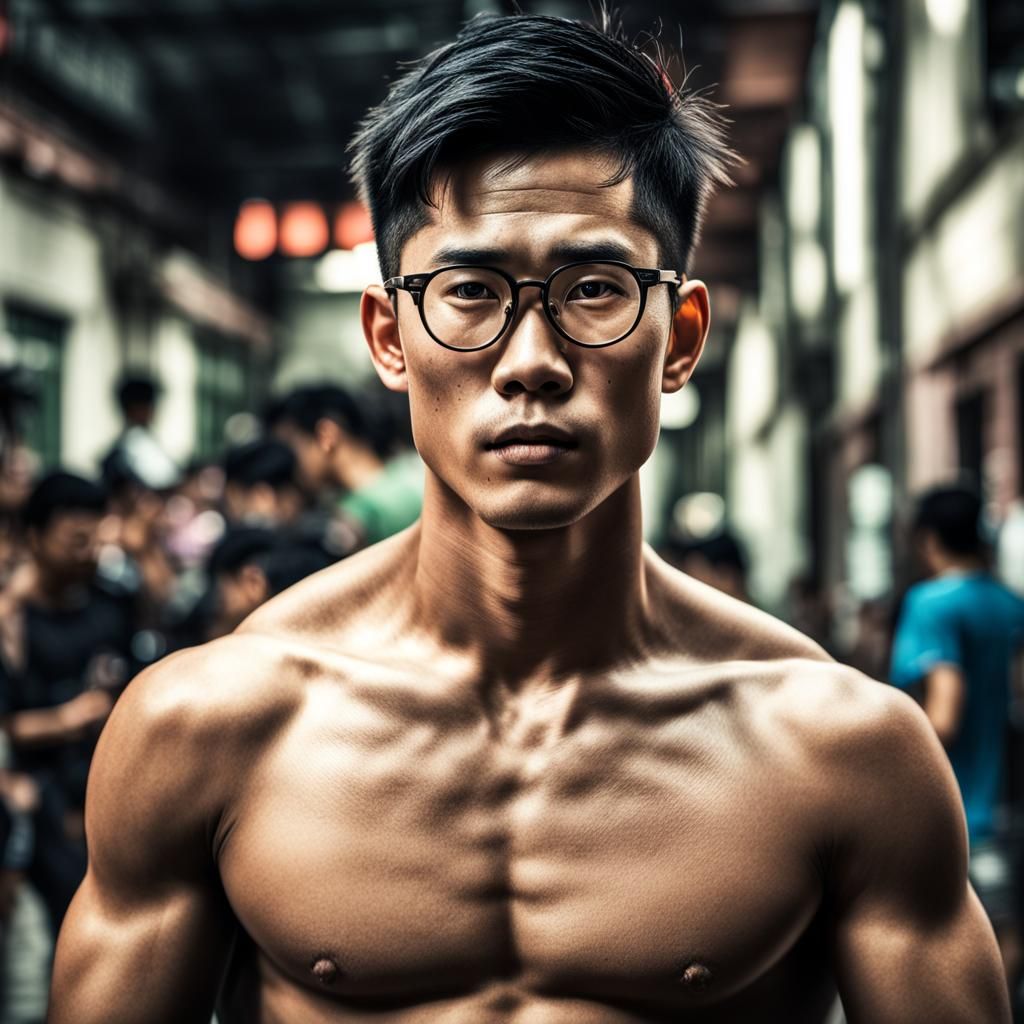 Handsome Asian Man with Sixpack in Hyperrealistic Style