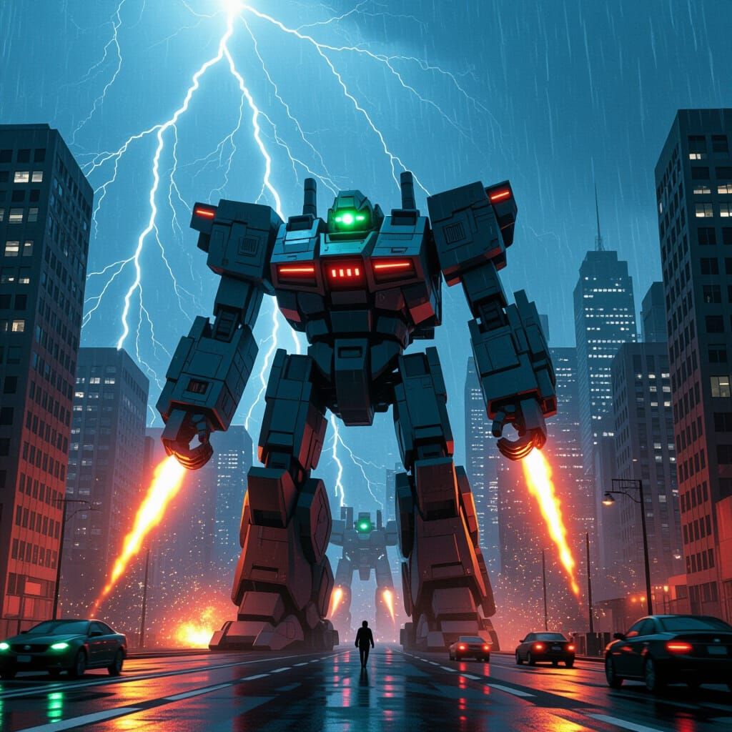 Giant Robots in a Cyberpunk Cityscape