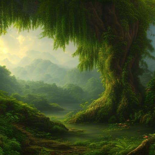 Lush Green Jungle Landscape in Watercolor Style