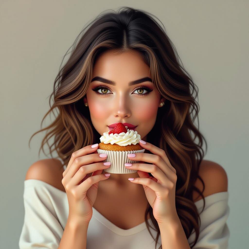 Woman Eats Muffin in Digital Art Nouveau Style