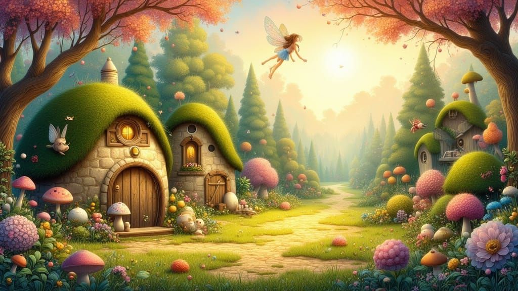 Enchanting Woodland Clearing with Fairy and Cottages