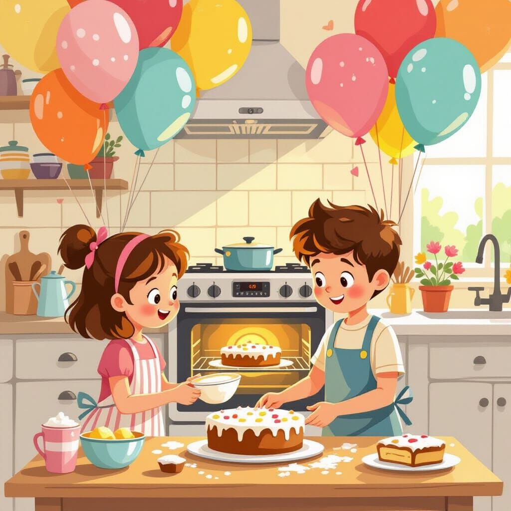 Siblings Bake A Cake With Joyful Mother