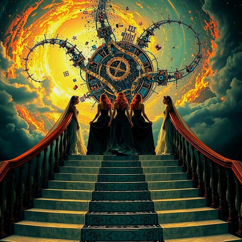 Three Sisters Ascend Celestial Staircase in Hyperrealistic S...