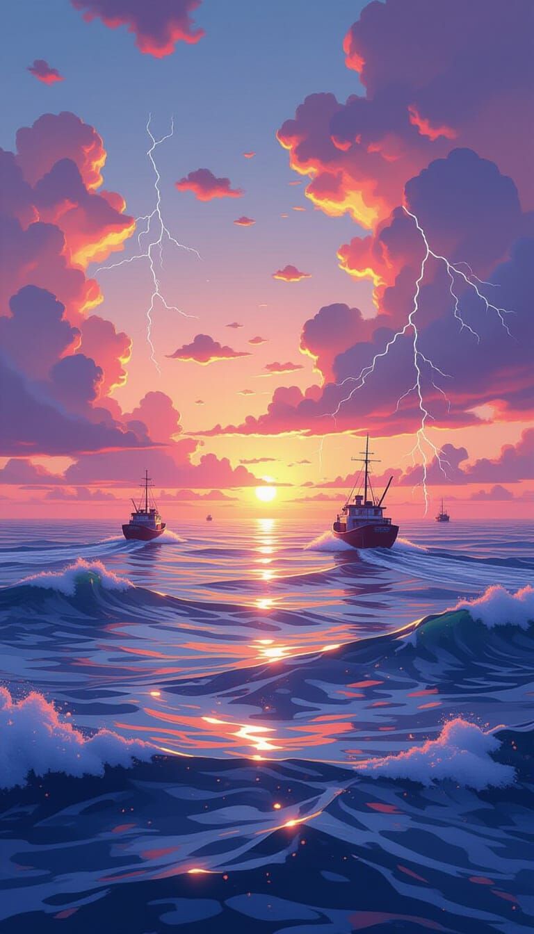 Ocean Duality: Calm Sunset Meets Raging Tempest