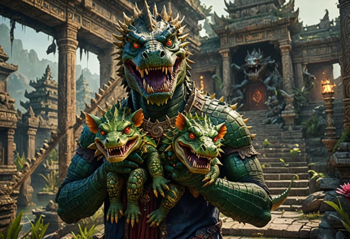 Crocodile Demon Guardian Protecting Young Near Temple