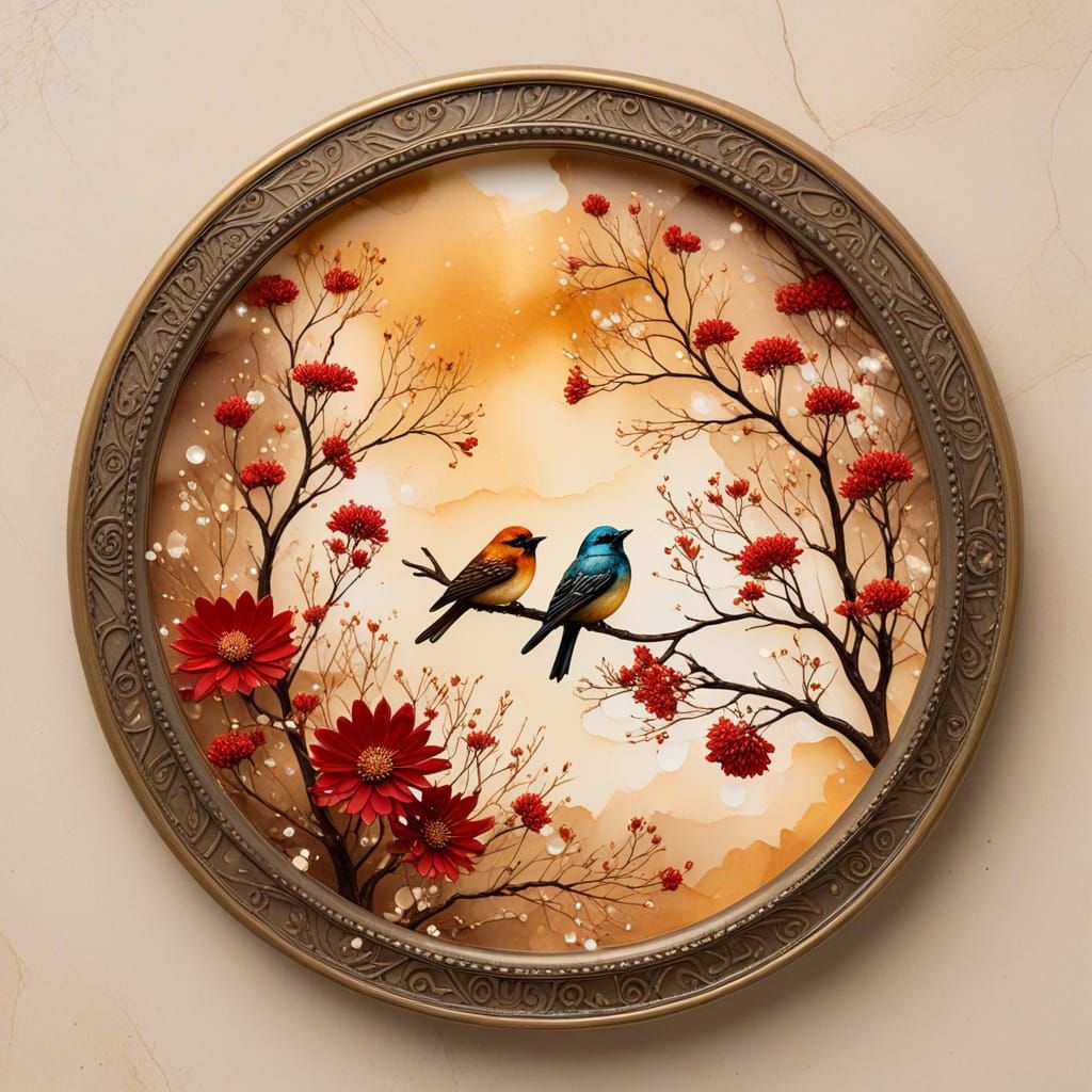 Amber Ink Circular Design with Flowers, Tree, and Bird