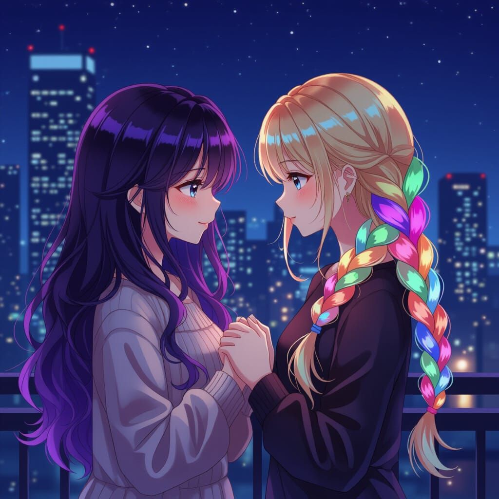 Anime Manga Style Women Holding Hands at Night