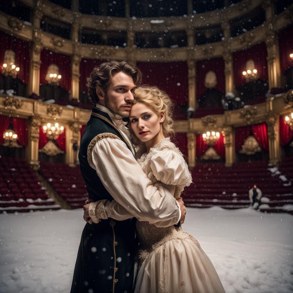 19th Century Lovers Embrace on Opera Stage