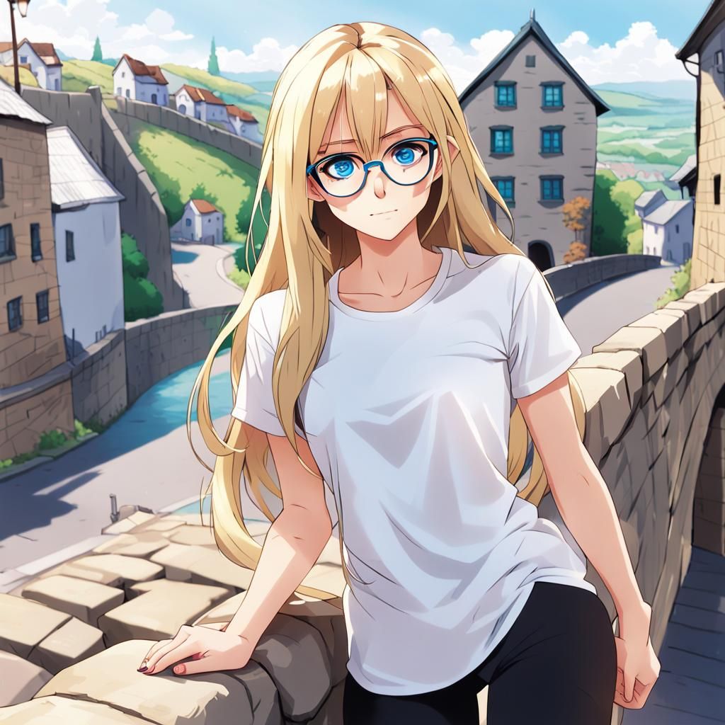 Anime Woman with Blonde Hair and Blue Eyes