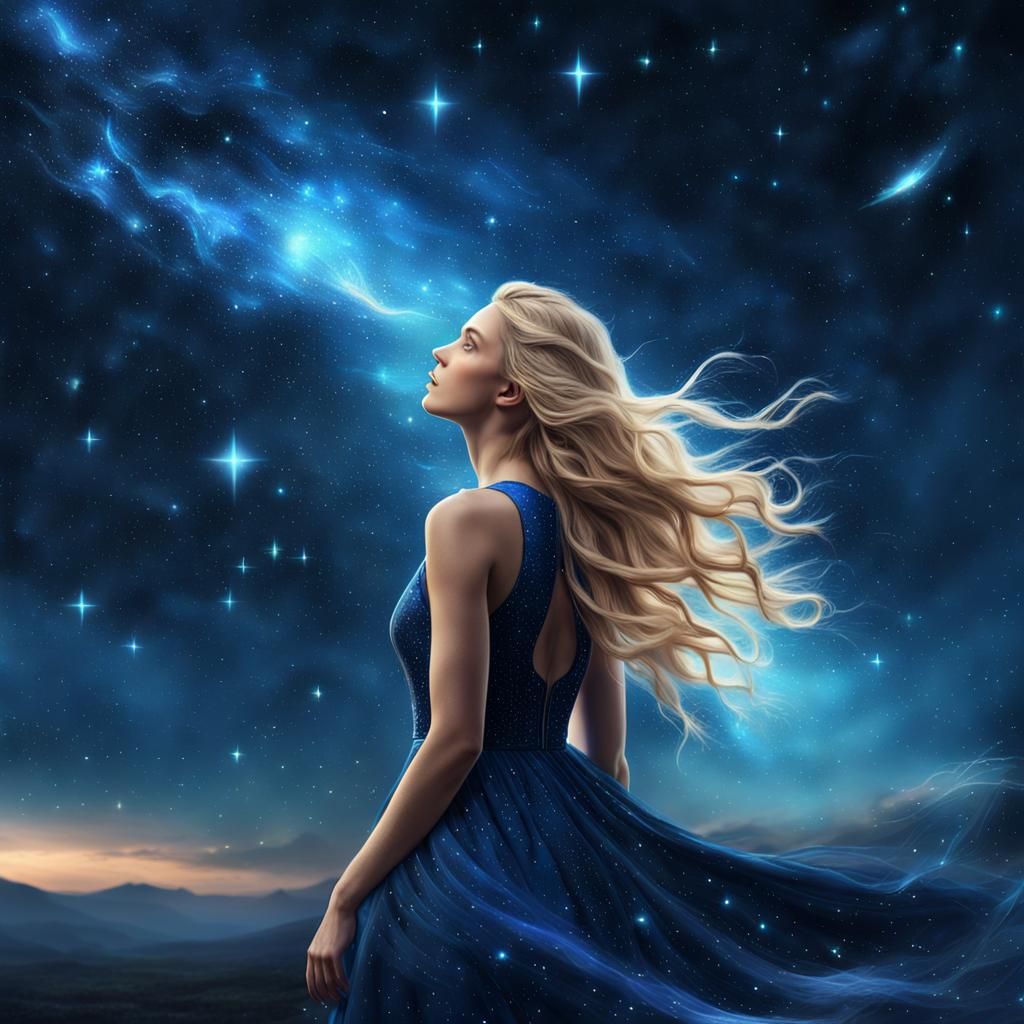 Blonde Woman Stargazing in Dreamy Night Sky