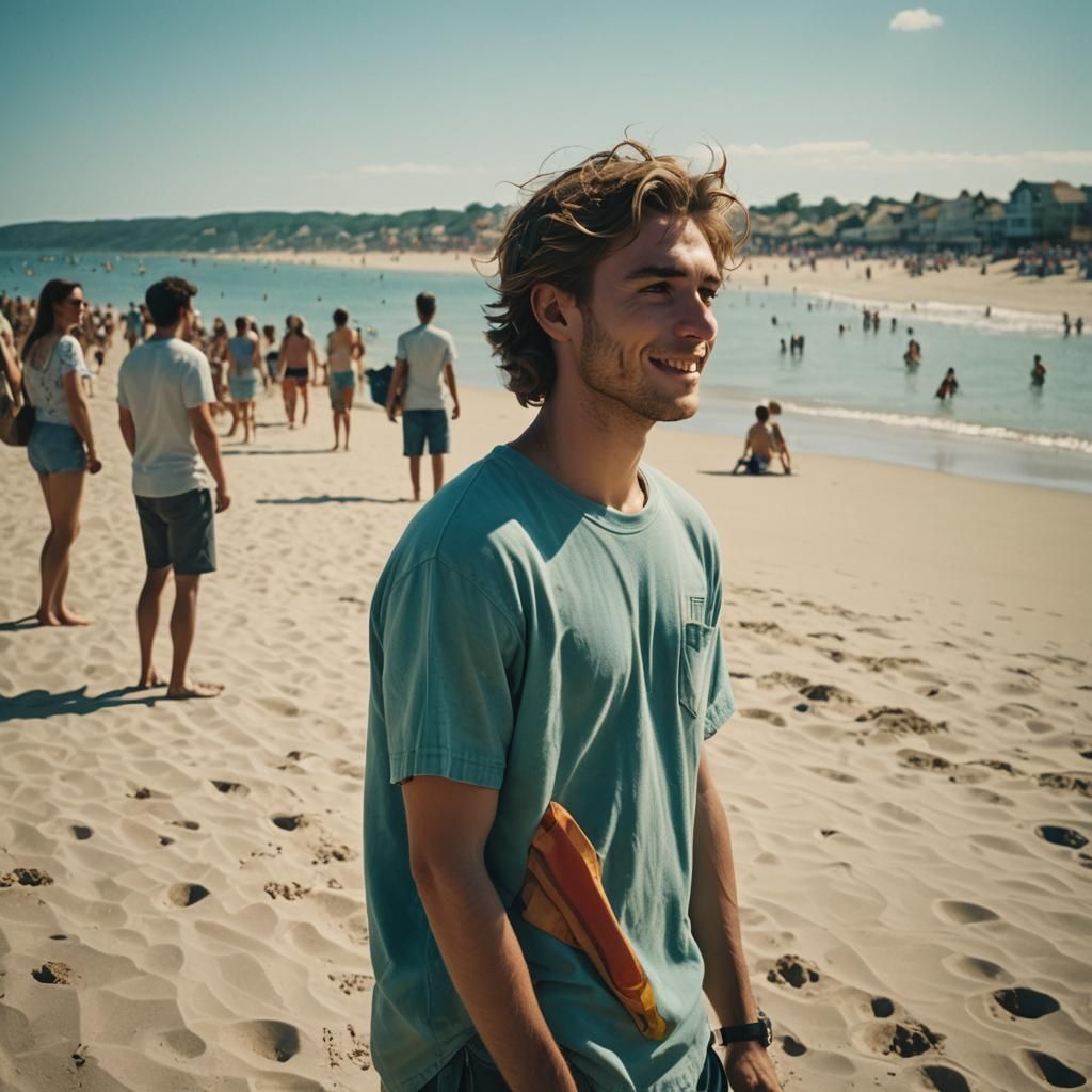 Sun-Kissed Beach Scene with Distant Smile