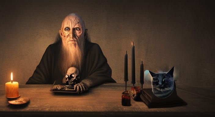 Scary Old Wizard in Gloomy Witchcraft Workshop