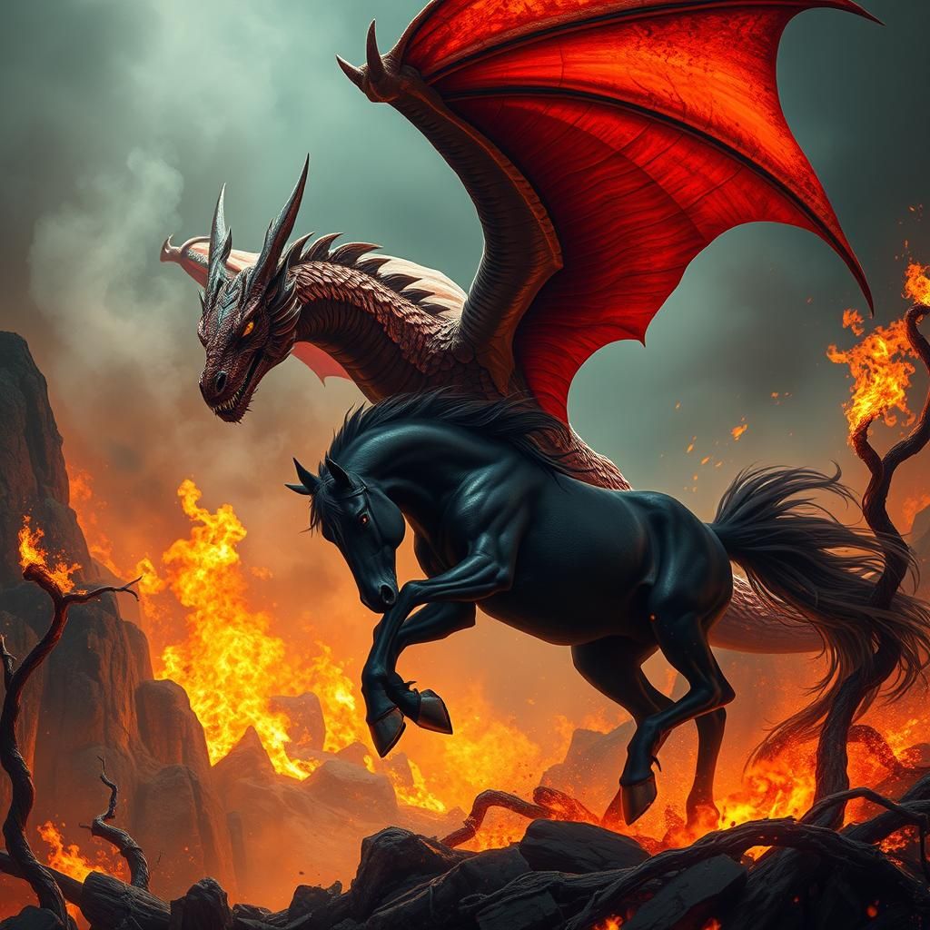 Crimson Dragon Saves Black Horse from Inferno