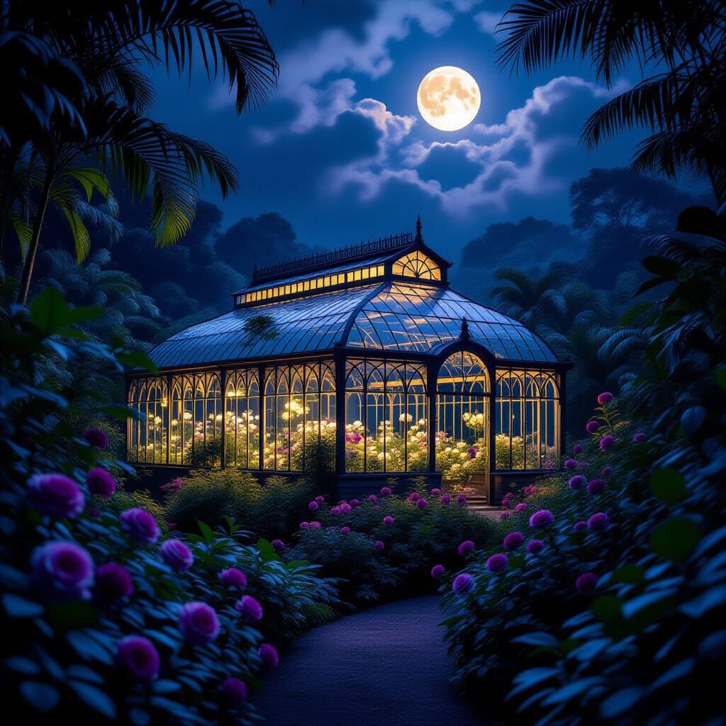 Victorian Greenhouse in Jungle at Night