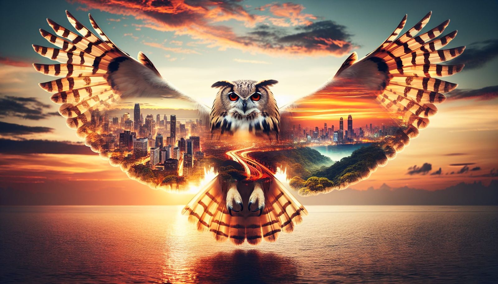 Owl in Flight with Double Exposure Wings