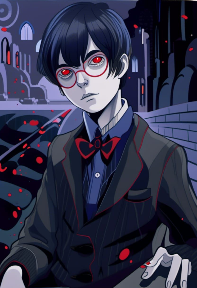 Melancholic Boy in Hellwein Style with Red Eyes