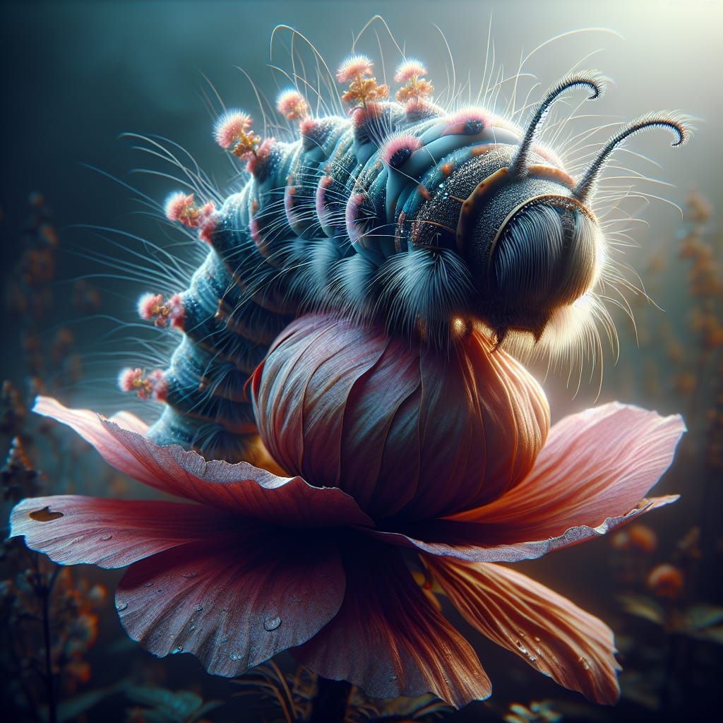 Ultra HD Caterpillar on Flower: Detailed Fantasy Concept Art