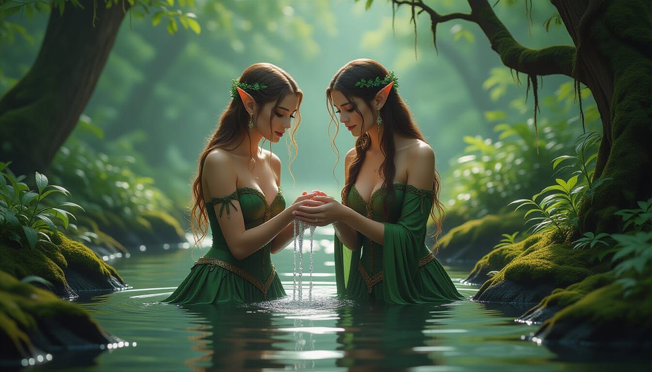 Elven Sisters in Forest Stream, Hyperrealistic Fantasycore