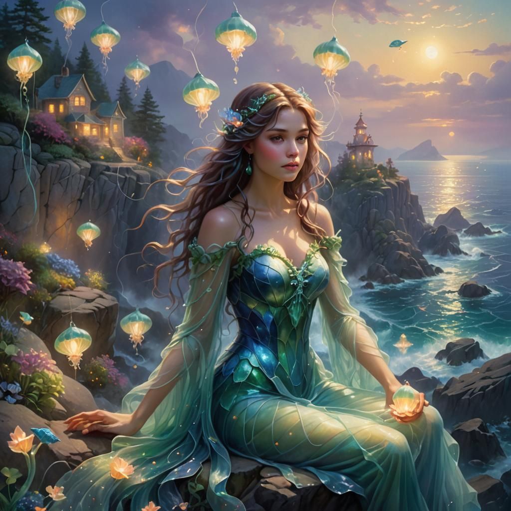 Ethereal Sea Siren Overlooking Misty Sea