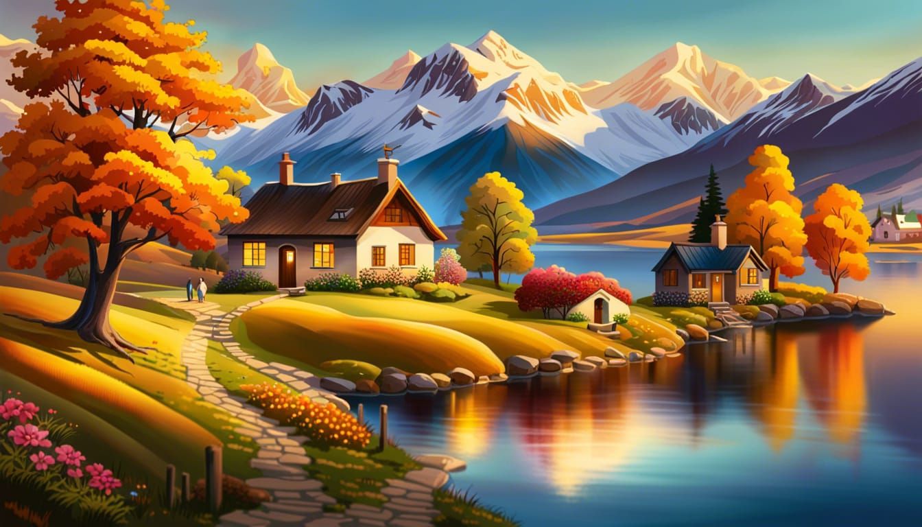 Quaint Alpine Village Scene as Impasto Painting